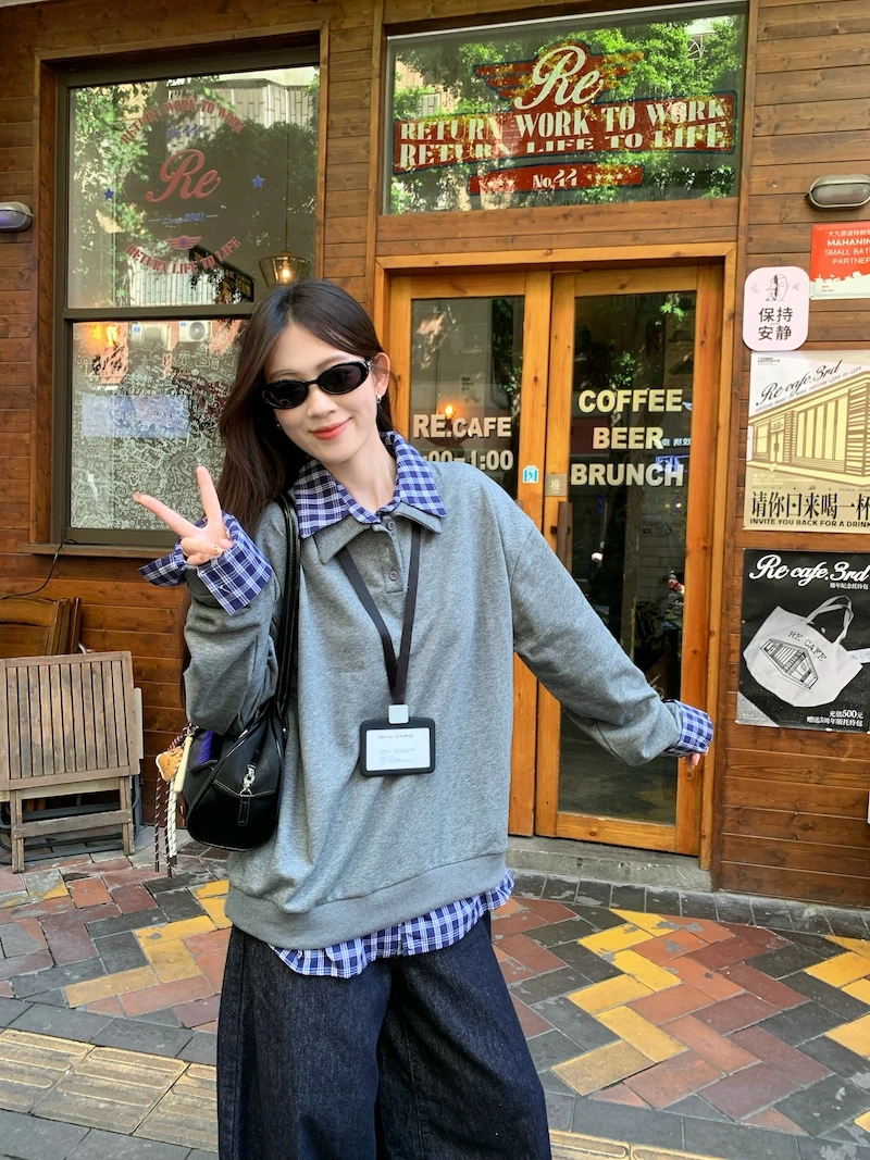 假两件格纹设计感拼接长袖T恤套头卫衣女春季百搭宽松翻领上衣