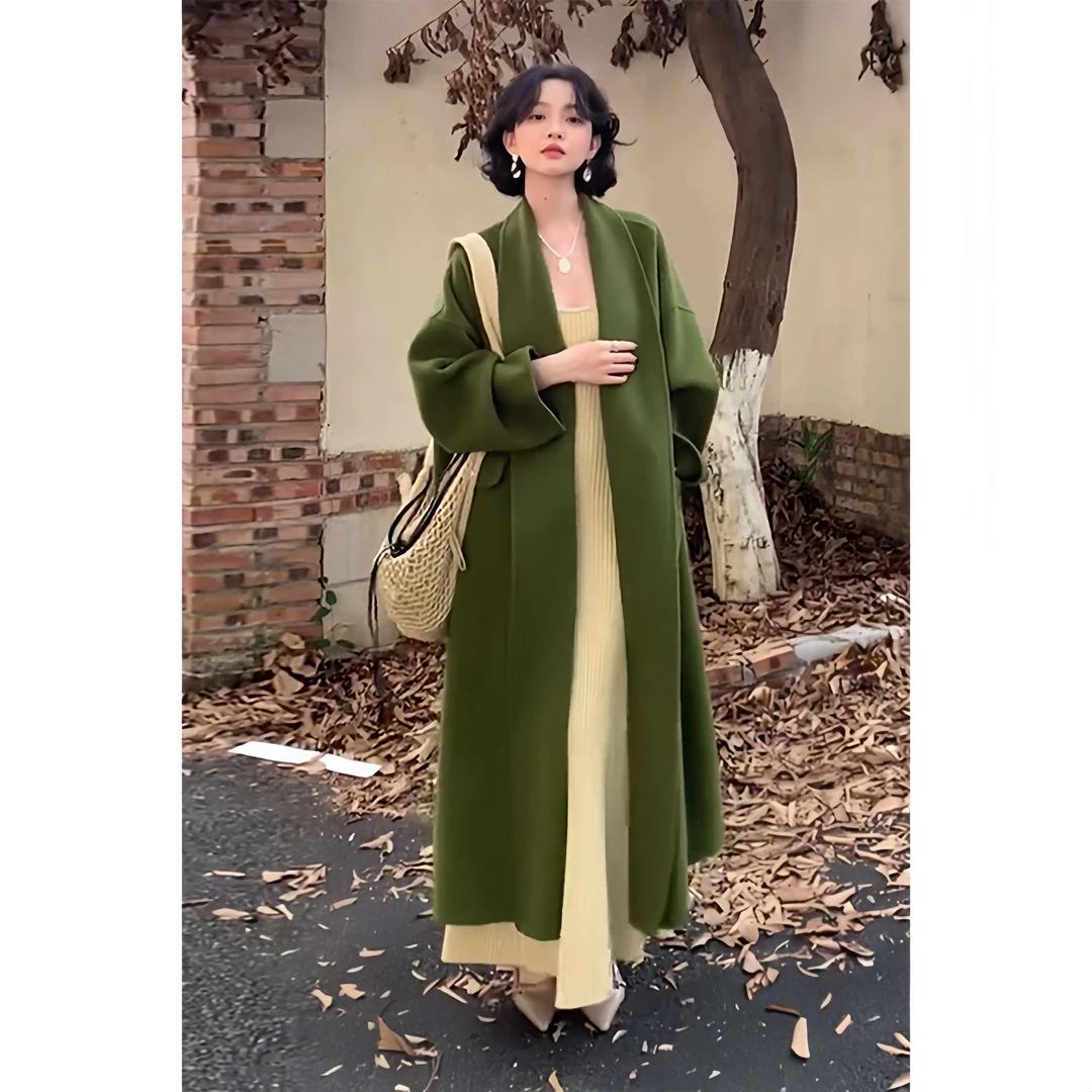 法式复古风宽松绿色大衣女2024秋冬季新款高级感长款毛呢气质外套