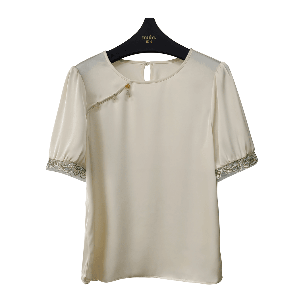 mula/慕拉2024新款气质显瘦圆领钉珠刺绣拼接短袖国风M4220X174
