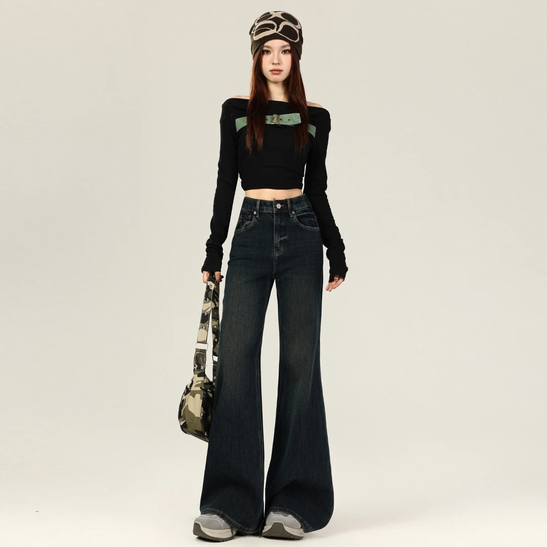 纳米洗水宽松阔腿弹力喇叭牛仔裤女秋冬新款高腰显瘦a字版喇叭裤