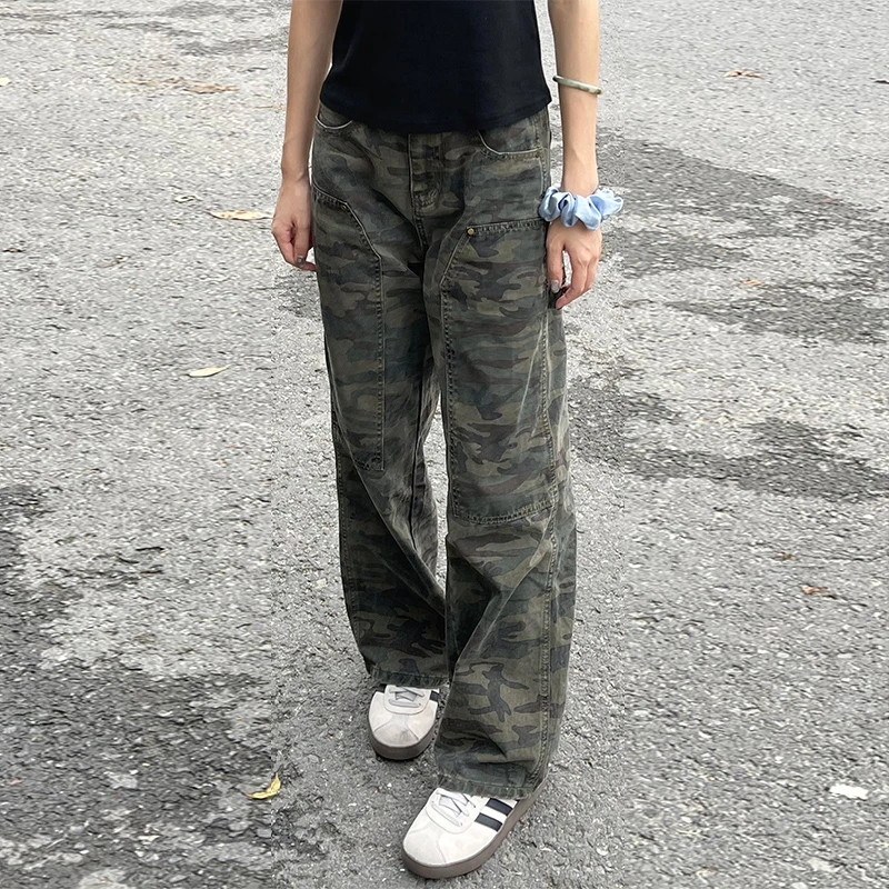 美式复古迷彩牛仔裤女新款高腰直筒宽松阔腿工装长裤子高街ins潮
