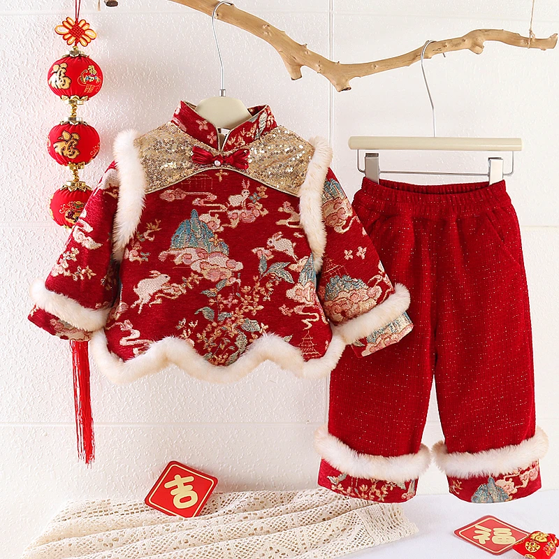 幼儿加厚男女宝宝套装中国风拜年服套装喜庆拜年服冬季加厚加绒