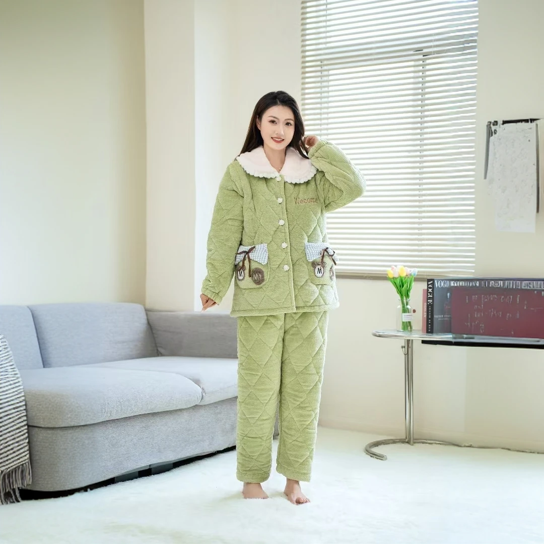 冬季加厚加棉女士女生纯色无帽款牛奶绒家居服睡衣套装简约时尚