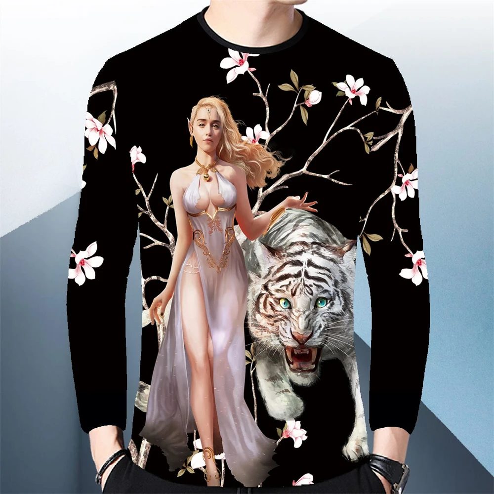 潮牌男生长袖t恤男春秋款老虎印花打底衫上衣服主播服装修身T恤男