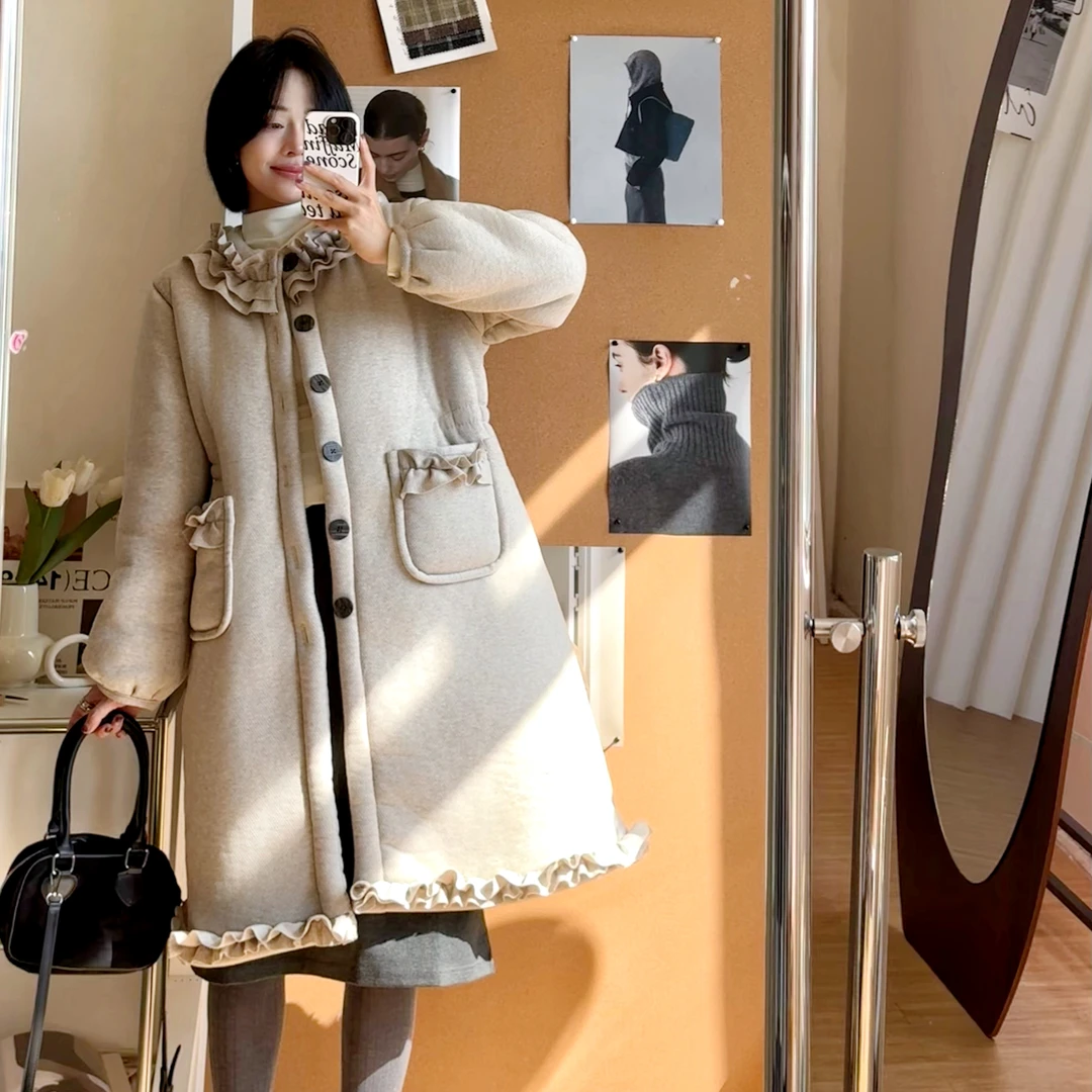 2024年新款女花边三层加绒加厚冬季睡衣珊瑚绒可外穿家居服睡袍