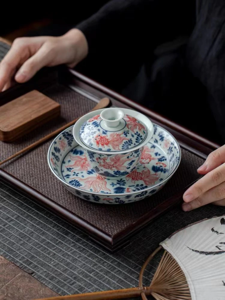 民厝青花年年有鱼盖碗+壶承+茶杯陶瓷茶具套装新品手绘大号缠枝