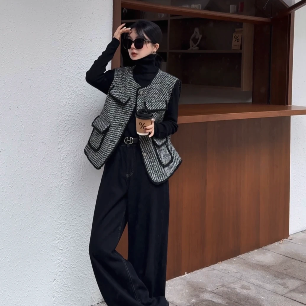 【星河小香】秋季小香风时尚百搭气质复古条纹粗花呢羊毛外套