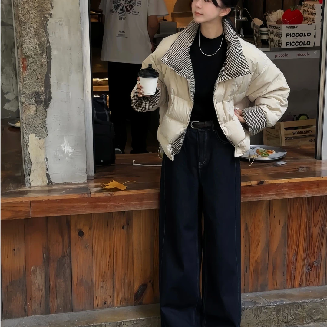 【冬日私语】冬季短款时尚休闲百搭拼接格子撞色设计感外套羽绒服