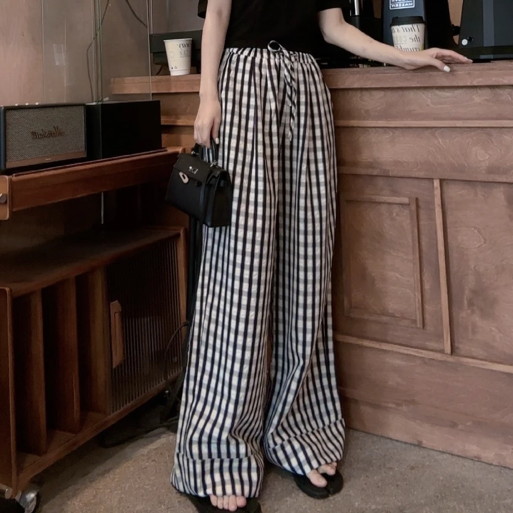 【松弛感】夏季休闲百搭高腰垂感直筒格子裤黑白格子裤