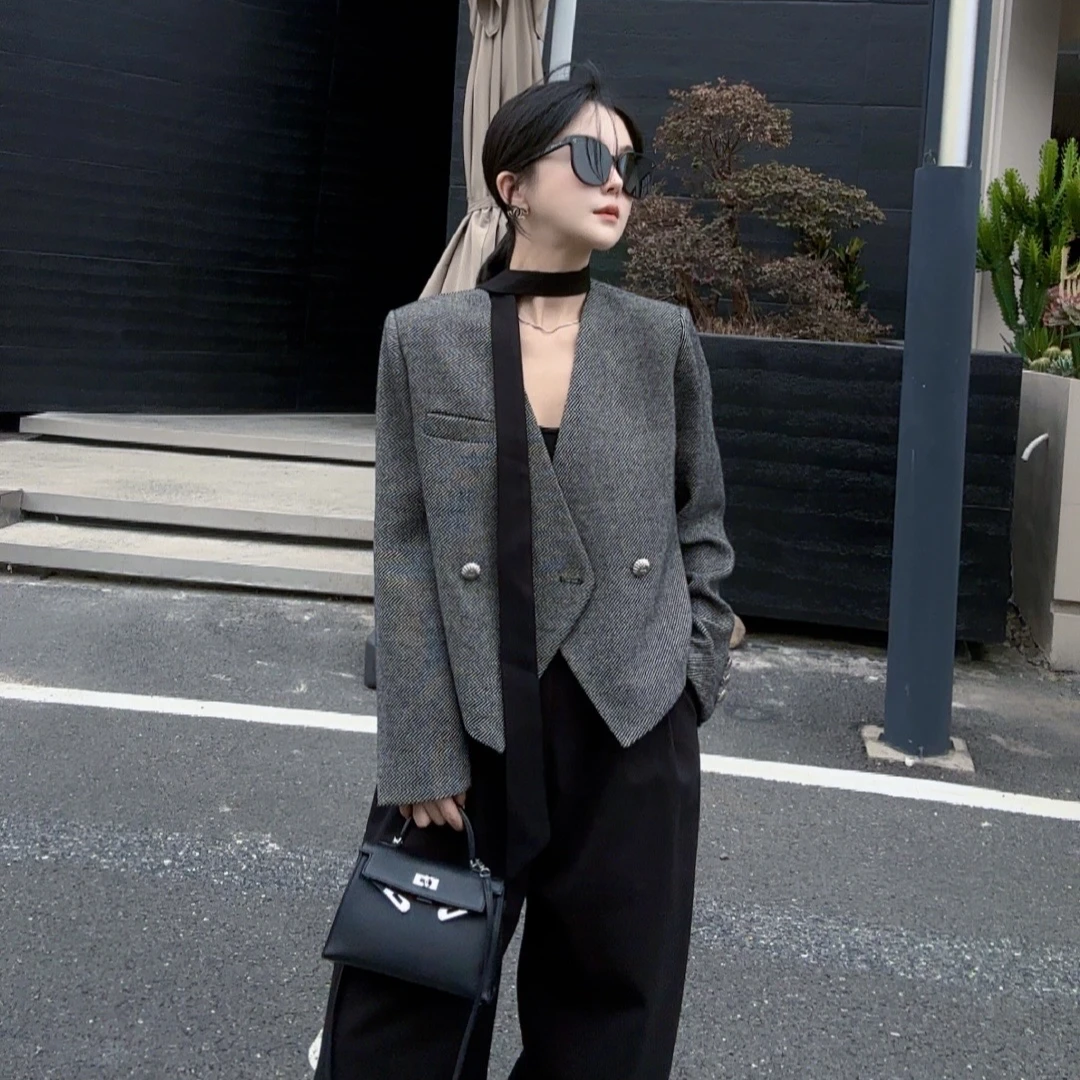 【韵律味道】秋季时尚气质V领飘带设计感休闲格子羊毛短款西装外套