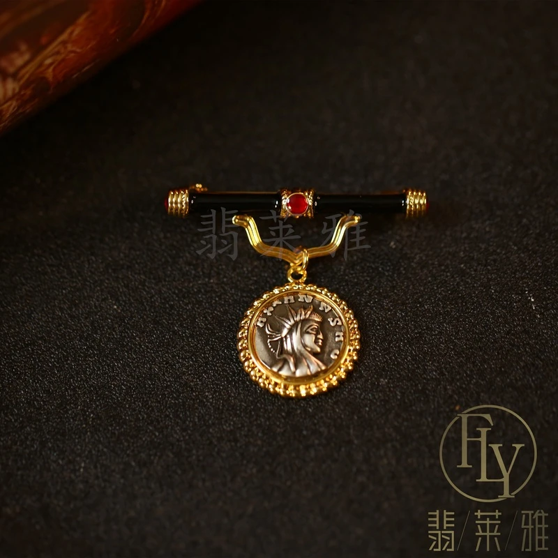 翡莱雅 铜合金珐琅胸针 欧美精致奢华轻奢百搭黑金古币胸针-3800
