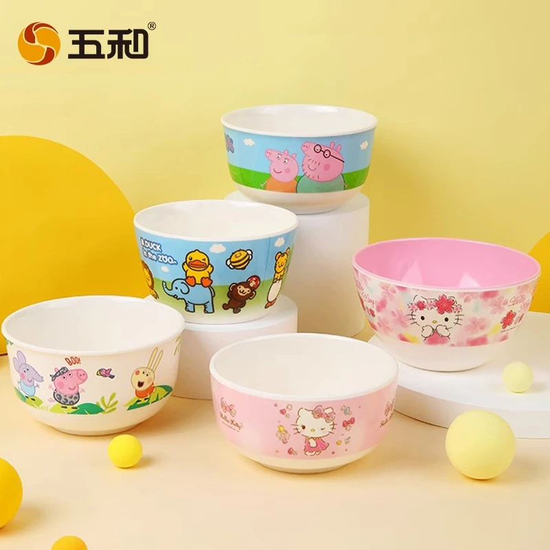 五和卡通儿童碗家用圆面碗小孩吃饭碗餐碗防烫耐摔餐具宝宝喝汤碗