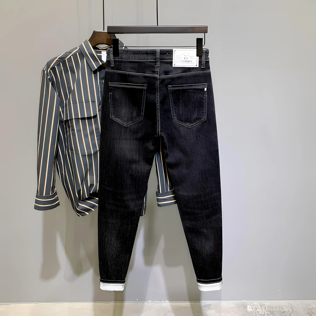 秋季九分黑色牛仔裤男潮流韩版百搭休闲潮牌长裤修身小脚弹力显瘦