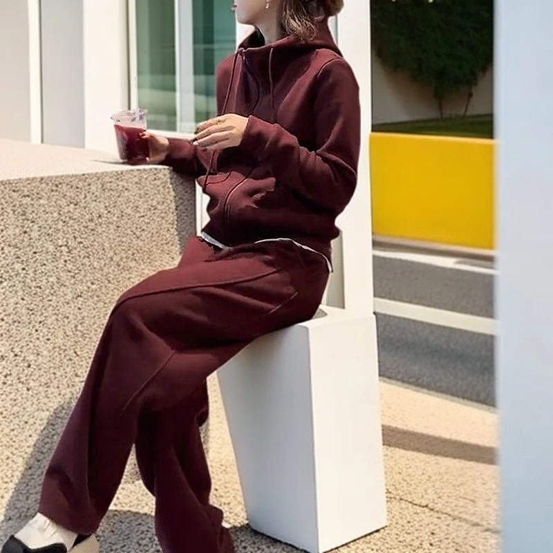 气质酒红色拉链开衫连帽卫衣秋季女套装秋冬高腰阔腿休闲裤两件套