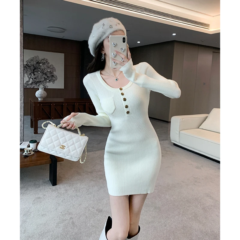 新款气质领法式针织连衣裙女修身显瘦高级感包臀内搭打底短裙子