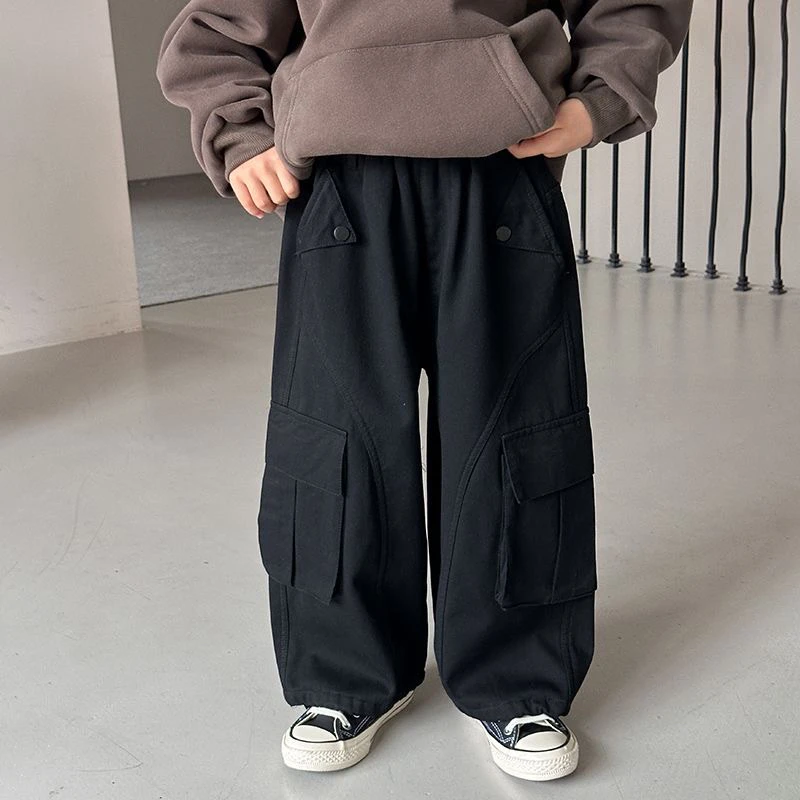 儿童裤子男童加绒工装裤秋冬款小男孩一体绒加厚保暖日系休闲裤潮