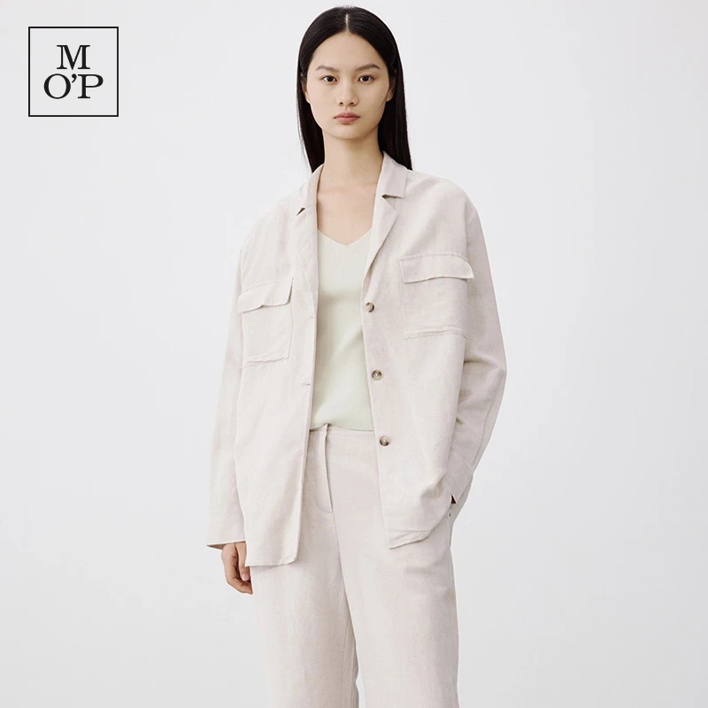 Marc O'Polo/MOP春秋季宽松休闲翻领衬衣胸口贴袋麻料长袖衬衫女