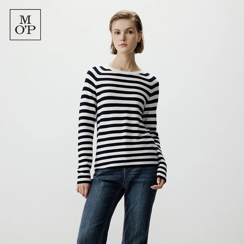 Marc O'Polo/MOP秋季时尚百搭条纹长袖针织衫圆领插肩袖套头衫女