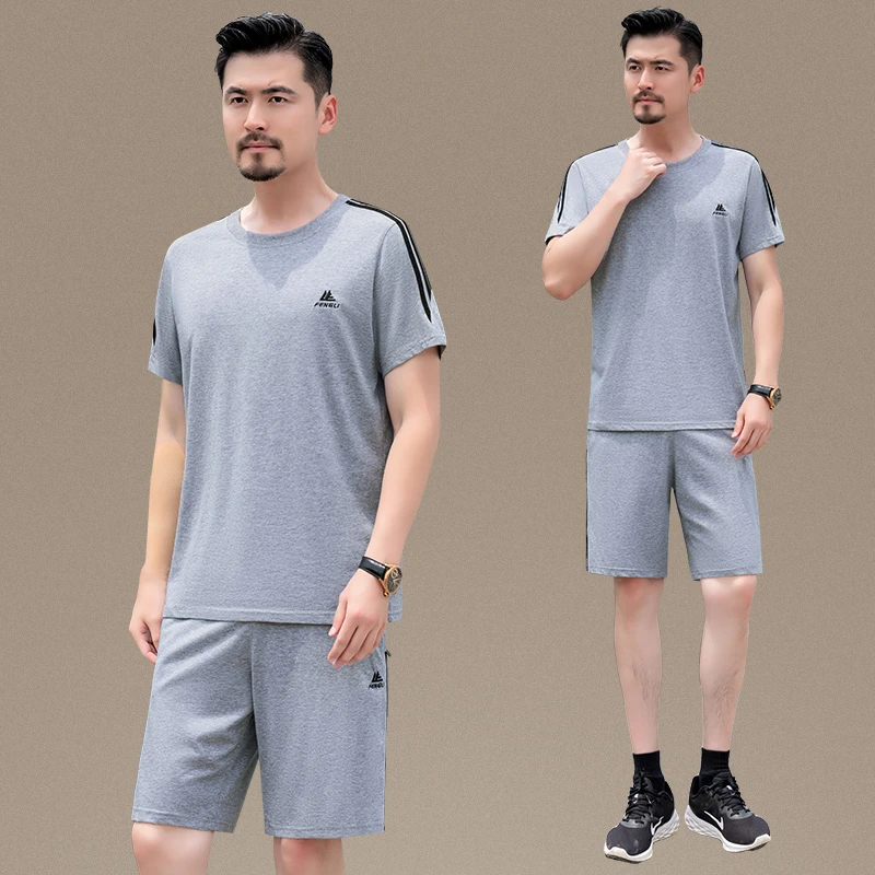 中年男士休闲运动服套装男夏季短袖短裤大码中老年爸爸夏装两件套