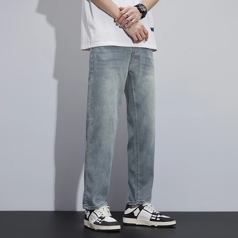 天丝轻薄款绵柔高端男士牛仔裤宽松直筒2024夏季潮流百搭休闲九分