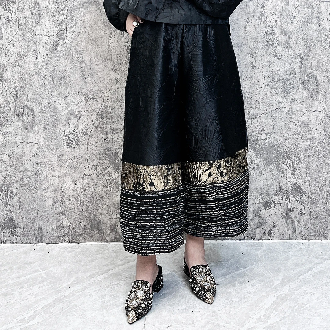 原创设计大码休闲裤复古拼色高腰阔腿裤宽松显瘦九分裤女新品927