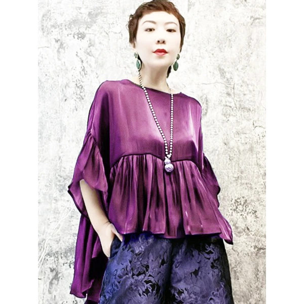 时尚宽松大码短袖雪纺衫显瘦荷叶边T恤中长款上衣春夏款