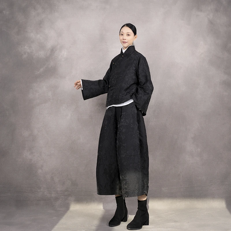 2025新复古风宽松中式立领提花上衣外套中国风花苞裤二件套装