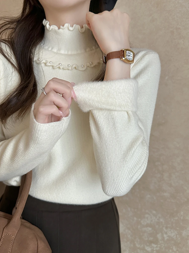 加绒半高领毛衣钉珠设计感上衣女秋冬木耳边内搭一体绒打底针织衫