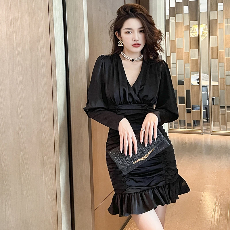2025新款女装法式气质时尚设计感长袖褶皱收腰包臀鱼尾连衣裙6014
