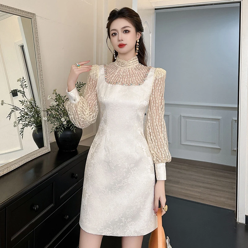 2025/春装新款女装气质时尚名媛蕾丝长袖收腰显瘦修身连衣裙30768