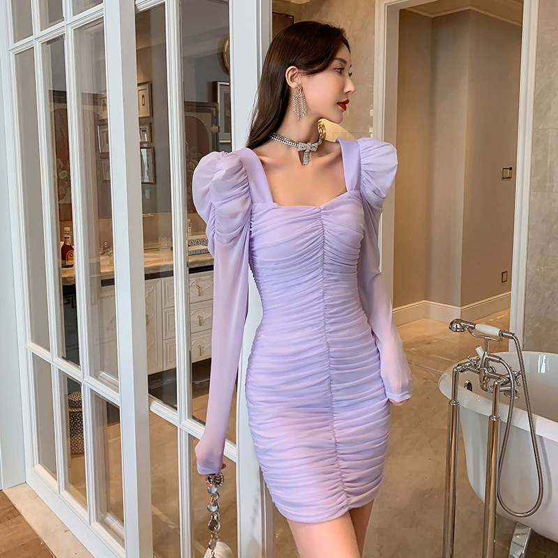 2025春季新款女装设计感小心机修身包臀褶皱泡泡袖网纱连衣裙5188