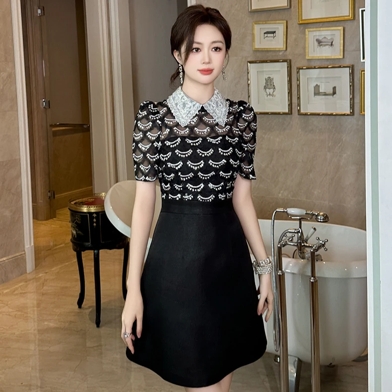 2025夏季新款气质时尚性感黑色立领拼接修身收腰包臀连衣裙70281