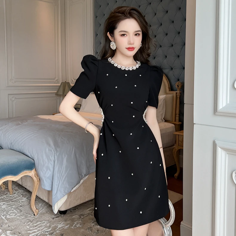2025夏季新款女装轻奢重工镶钻收腰显瘦A字摆黑色礼服连衣裙50441