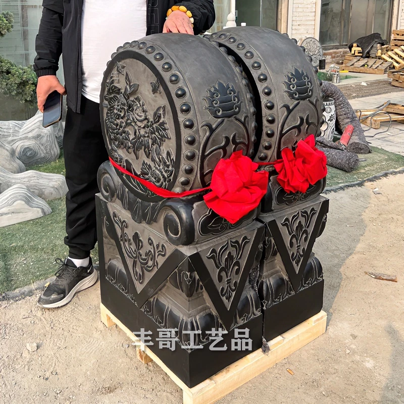 包邮青石仿古门墩一对天然石雕花开富贵抱鼓石户外别墅大门口摆件