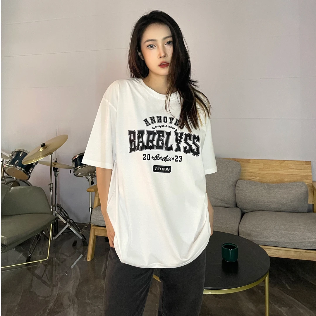 简约纯棉圆领宽松显瘦落肩款重磅夏季女百搭T恤出游情侣短袖印花