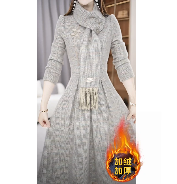 【连衣裙】秋冬季围巾领洋气收腰显瘦减龄中长款连衣裙M-4XL