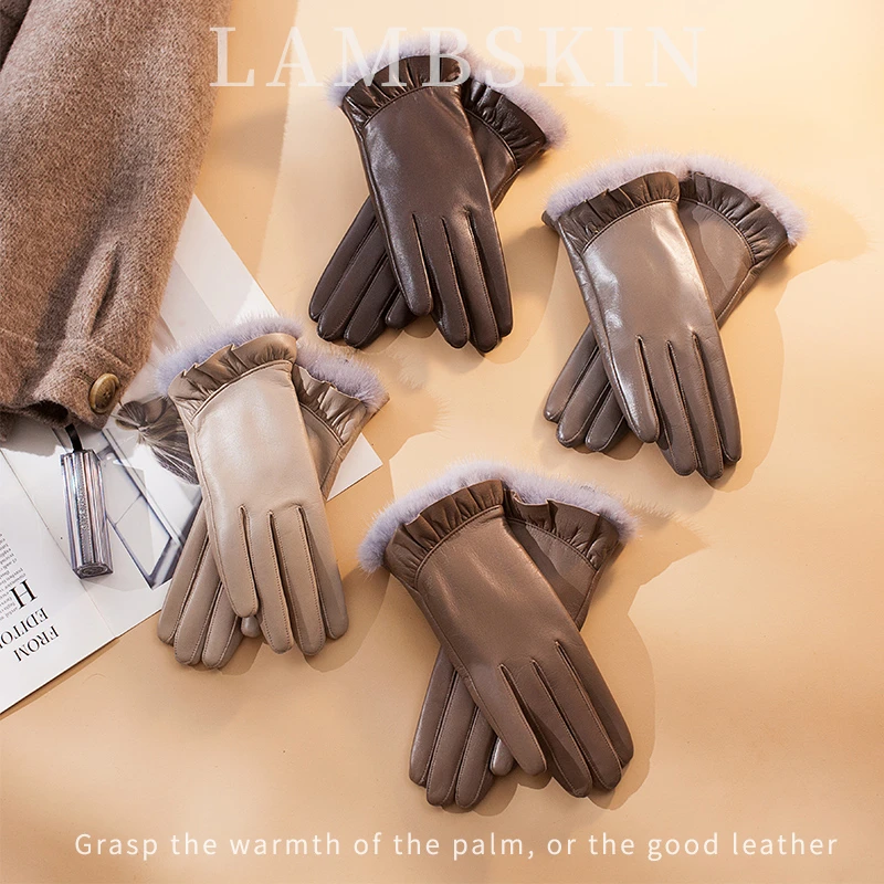 小山羊皮真皮手套触屏女士冬季加绒保暖骑行开车时尚水貂毛修手韩