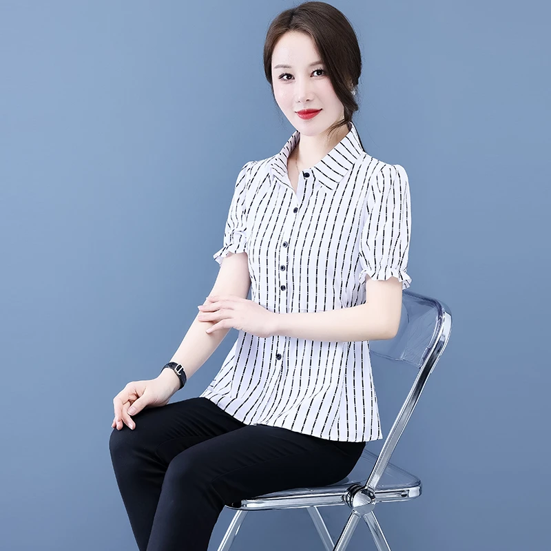 白色条纹短袖衬衫女士夏季新款印花收腰上衣大码显瘦雪纺衬衣休闲