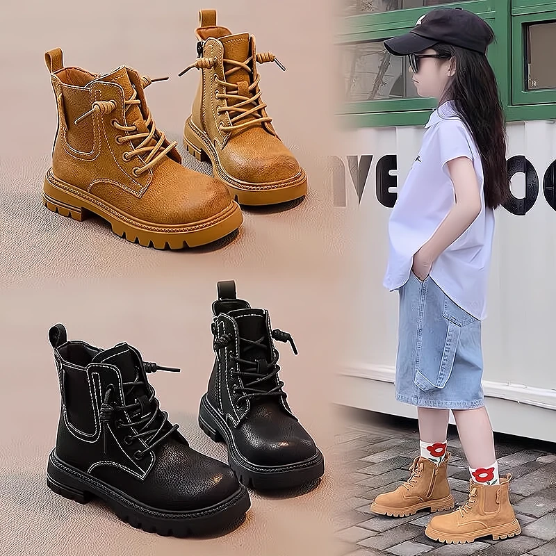 女童真软皮马丁靴2023秋冬新款儿童短靴春秋款男童靴子童鞋小黄靴