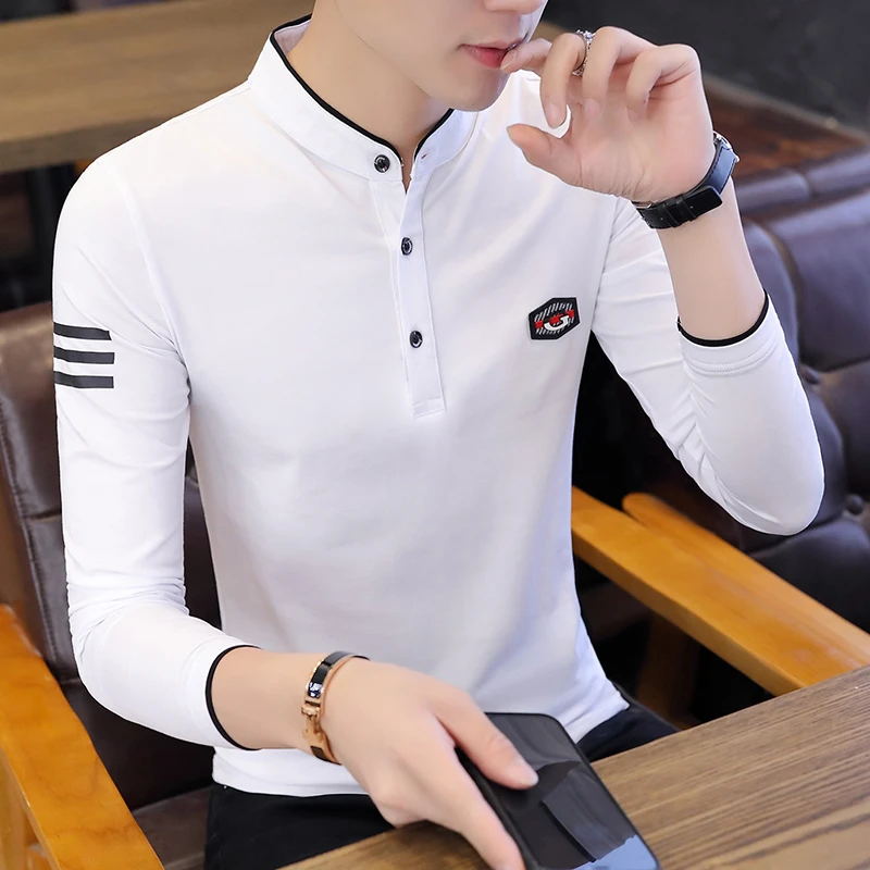 高档长袖T恤男春秋季新款百搭立领长袖polo衫休闲男装上衣打底衫