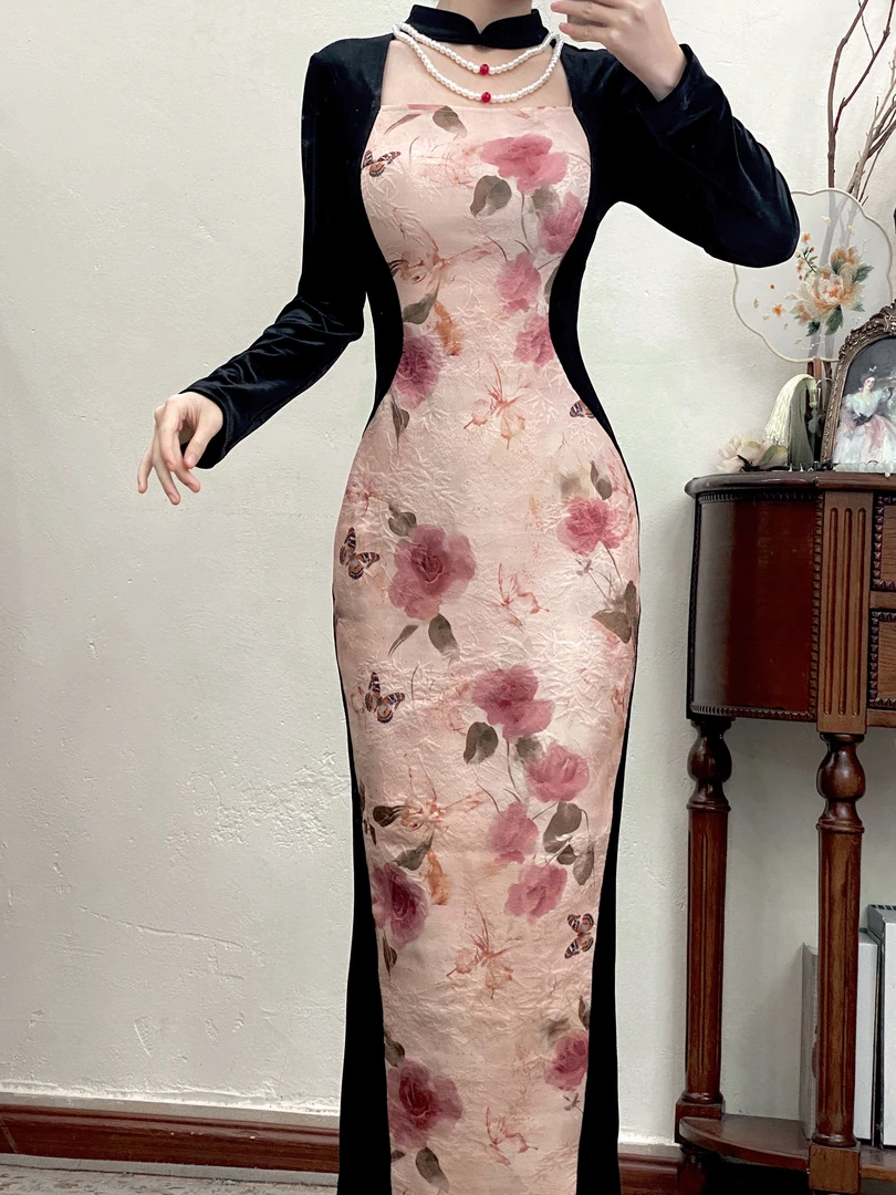 予溪自制【佳人】新中式改良旗袍秋冬女人味包臀丝绒挂脖长裙