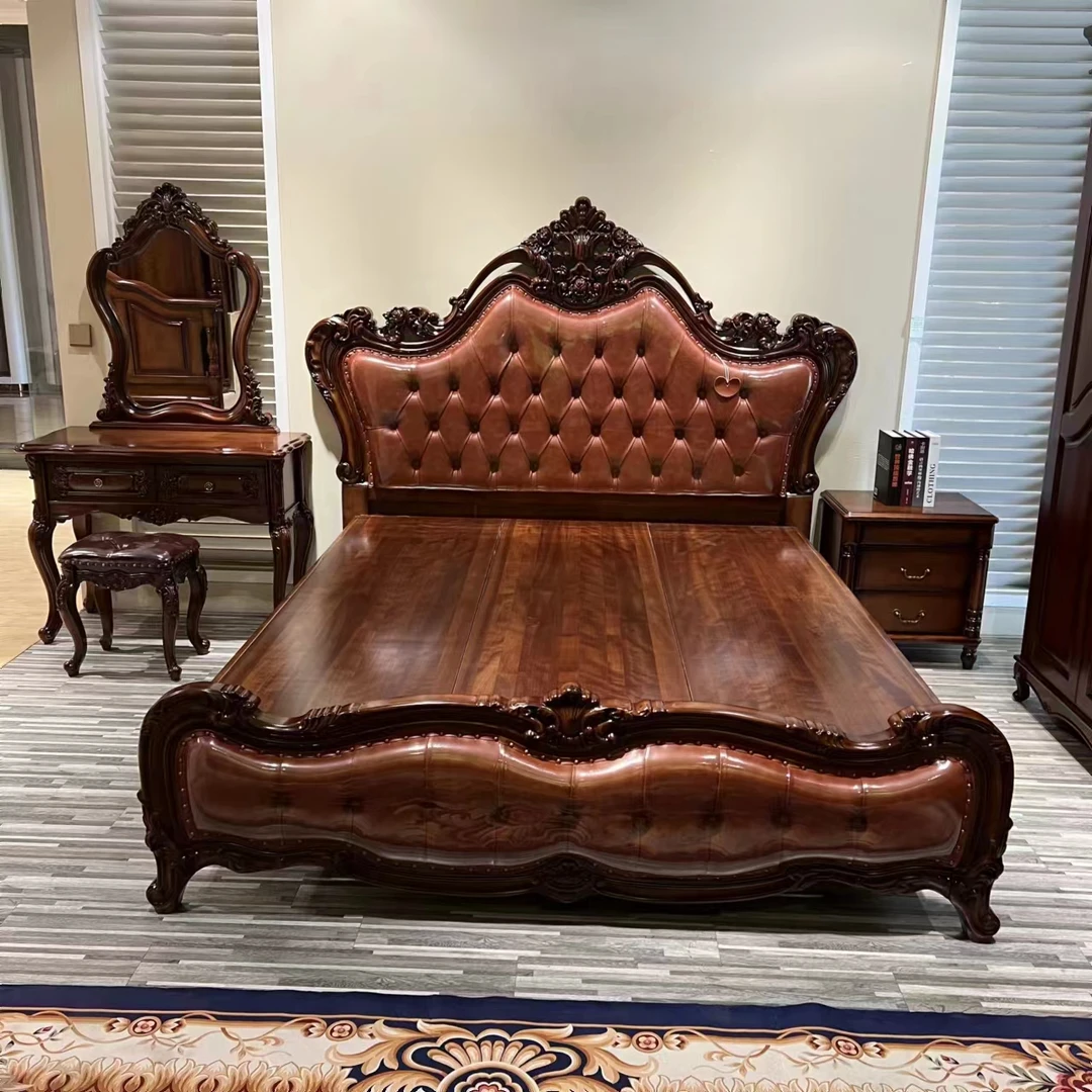 欧式主卧室真皮大床雕花榫卯结构美式双人真皮软包床奢华公主床