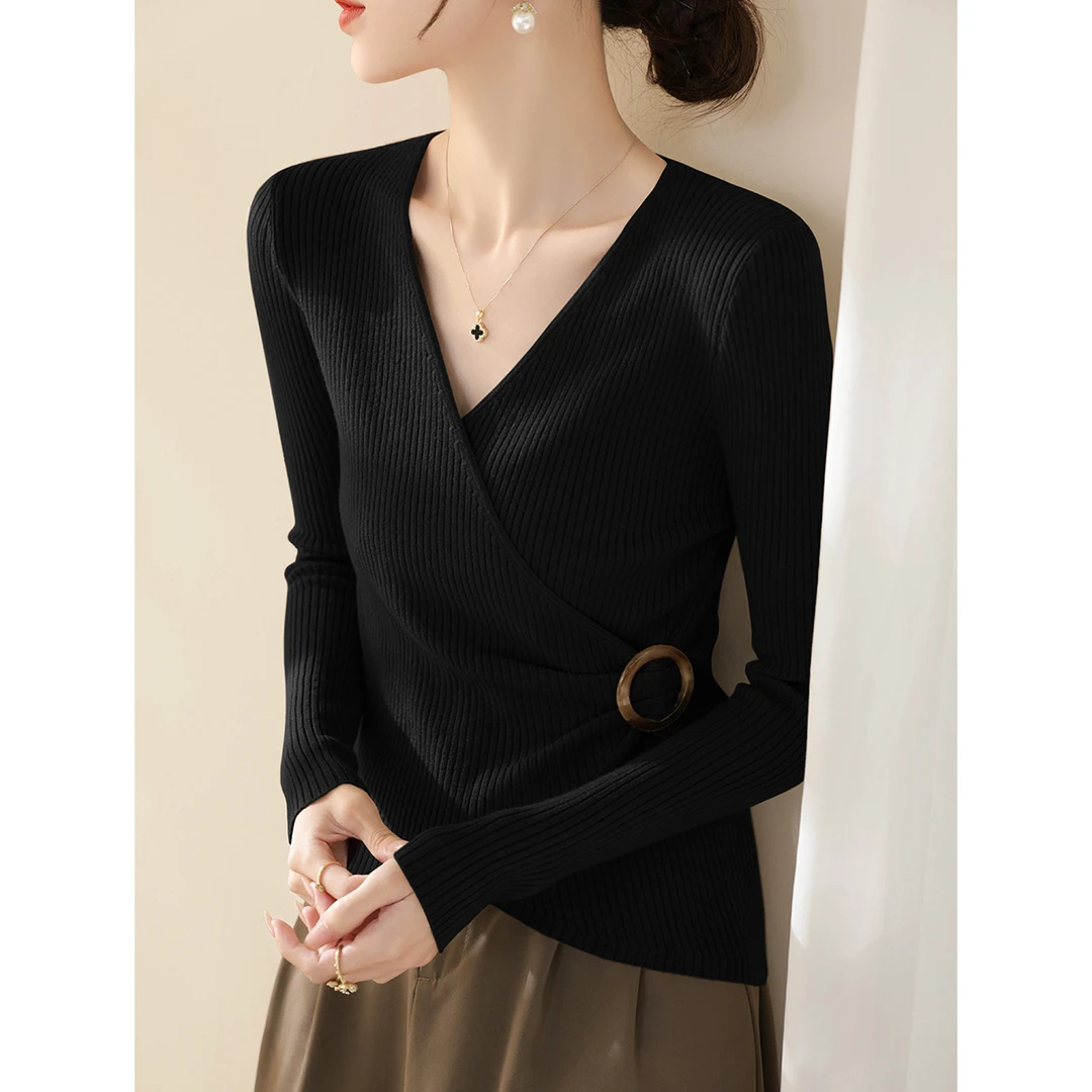 秋冬季新款交叉V领设计感毛衣女装纯色内搭打底上衣长袖针织衫女
