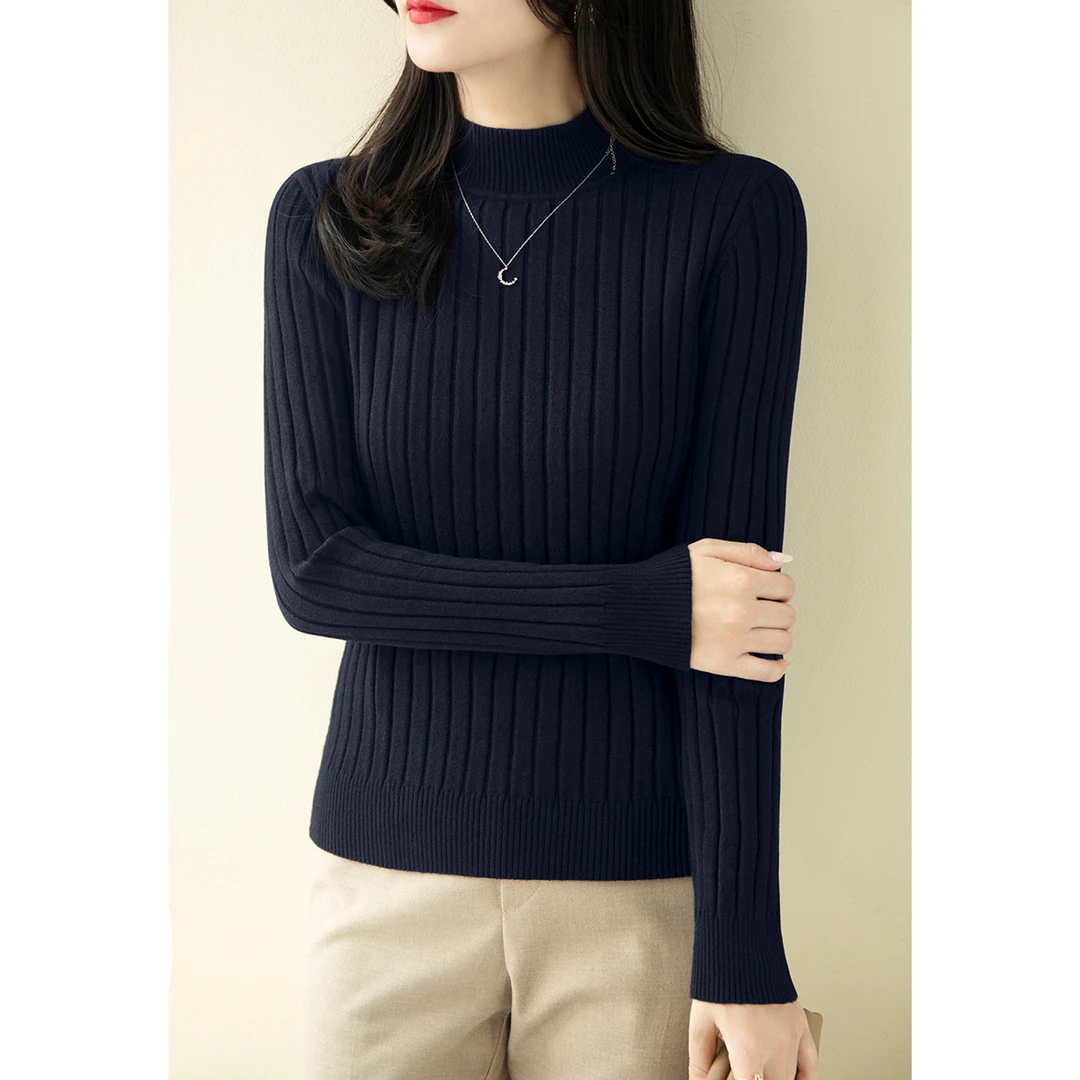 藏青色秋冬季新款加厚款半高领毛衣修身内搭上衣长袖针织衫女纯色