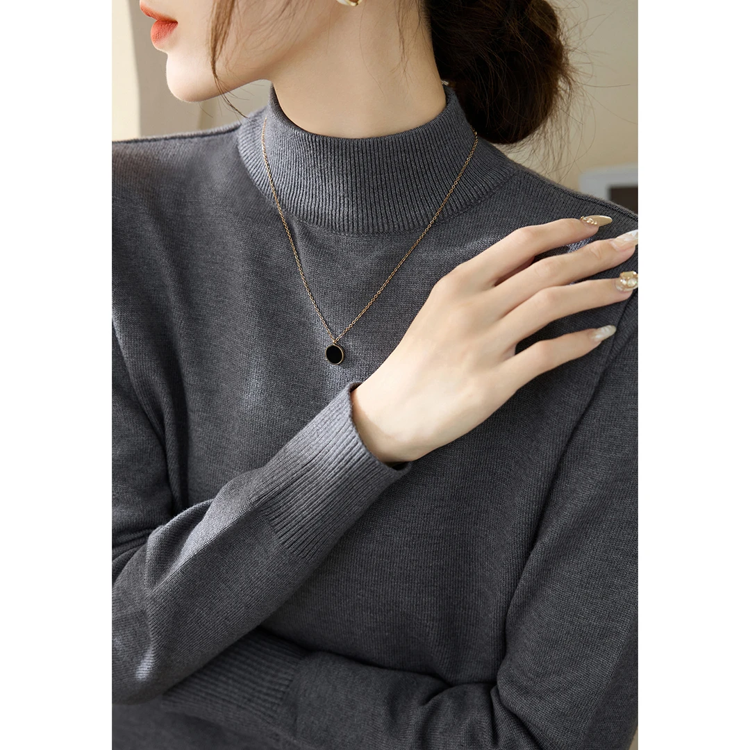 深灰色长袖针织衫女秋冬新款宽松厚款内搭打底上衣气质半高领毛衣