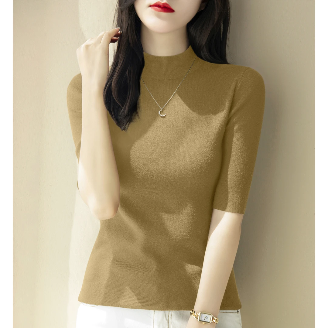 新款女装上衣秋季出席正式场合半高领五分袖修身中袖内搭打底衫