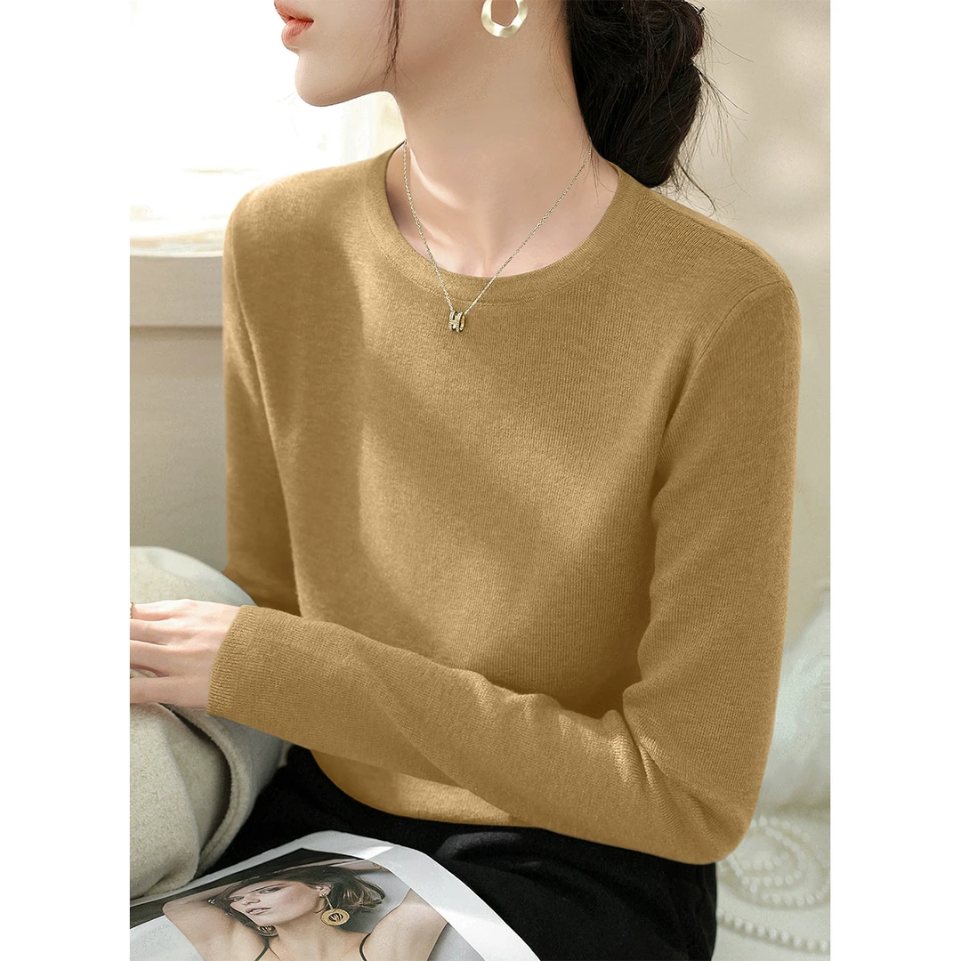 内搭打底上衣芥黄色长袖针织衫女装2025秋冬新款修身显瘦圆领毛衣