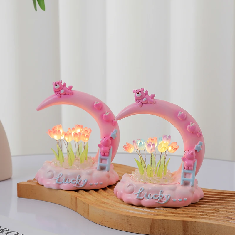 发光月亮小熊郁金香小夜灯摆件生日礼物送女生闺蜜女朋友小众高级