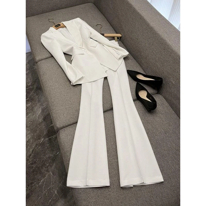 欧美明星款职业装时尚一粒扣布扣中长西装+喇叭裤时尚套装两件套