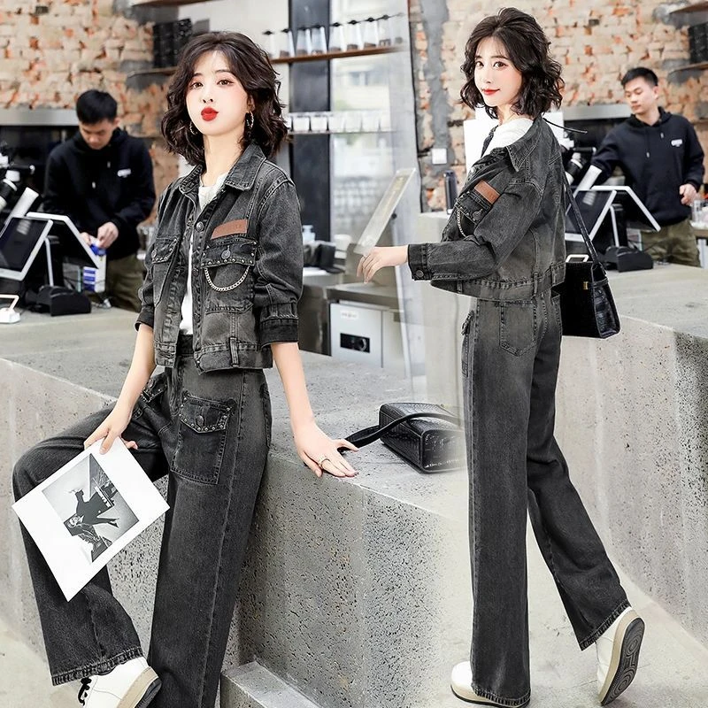 加厚牛仔外套女2023春秋装新款时尚减龄显瘦牛仔裤套装两件套
